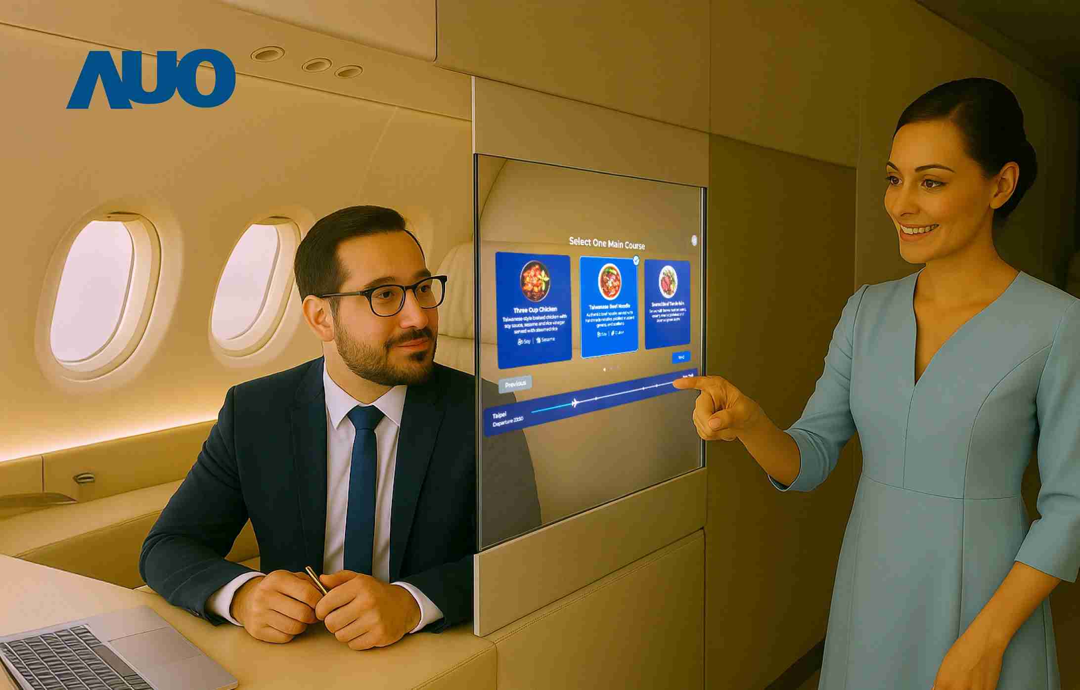 至成国际研发全球最薄17.3 吋双面透明 Micro LED 显示器，，，可在同一屏幕之双边投射不同信息，，，创造独特的”透明化”互动；图为实时翻译交流应用情境